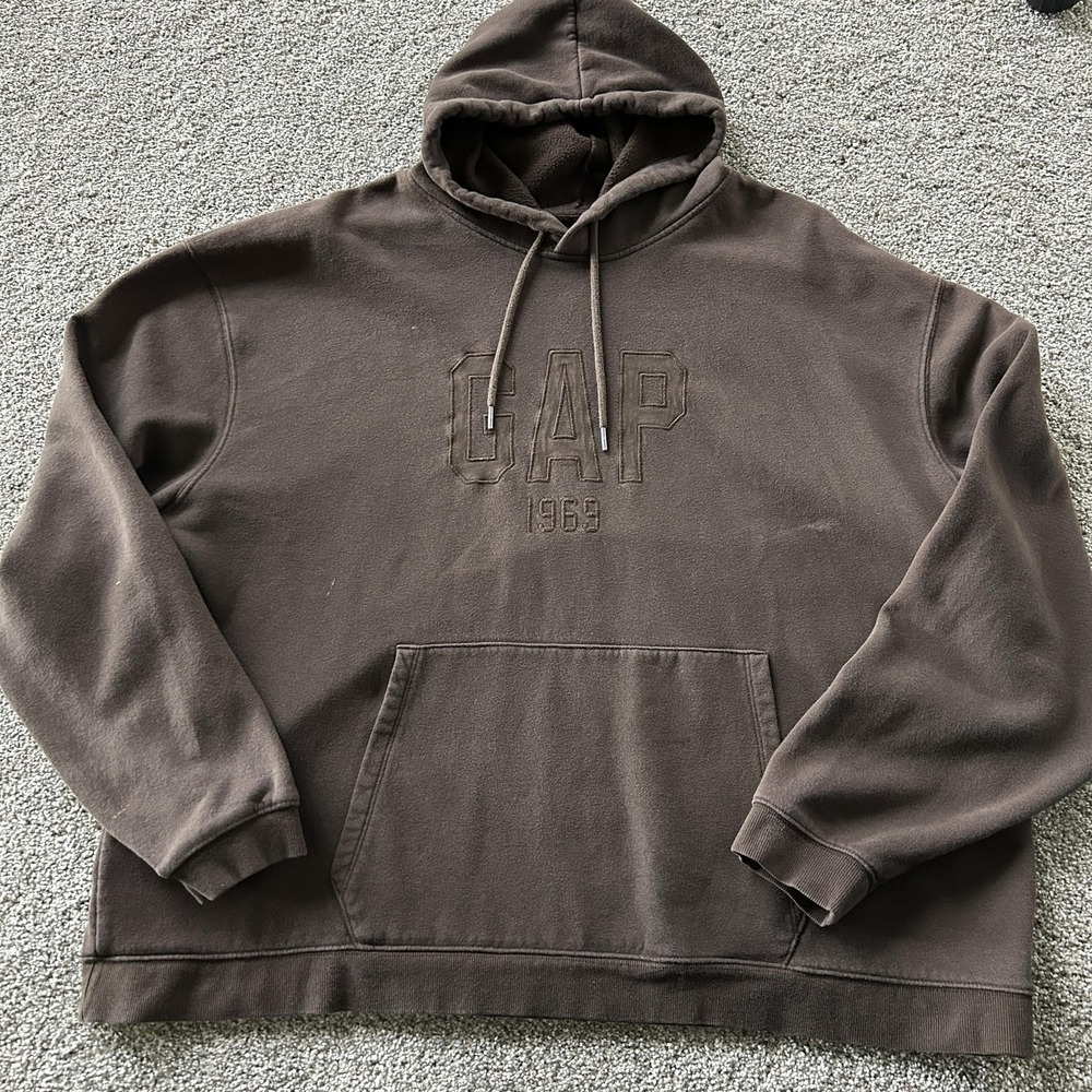 Y2K Gap Hoodie Mens 2XL Brown Fleece Pullover GAP 1969 Embroidered Sweatshirt